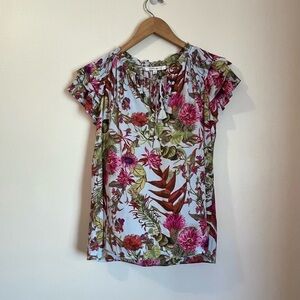 Rose + Olive Tropical Floral Tassel Tie Blouse Size S Boho Peasant Blouse Pink